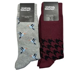 UNSIMPLY STITCHED Novelty Socks 2-Pairs Grey Blue Bird & Burgundy Houndstooth